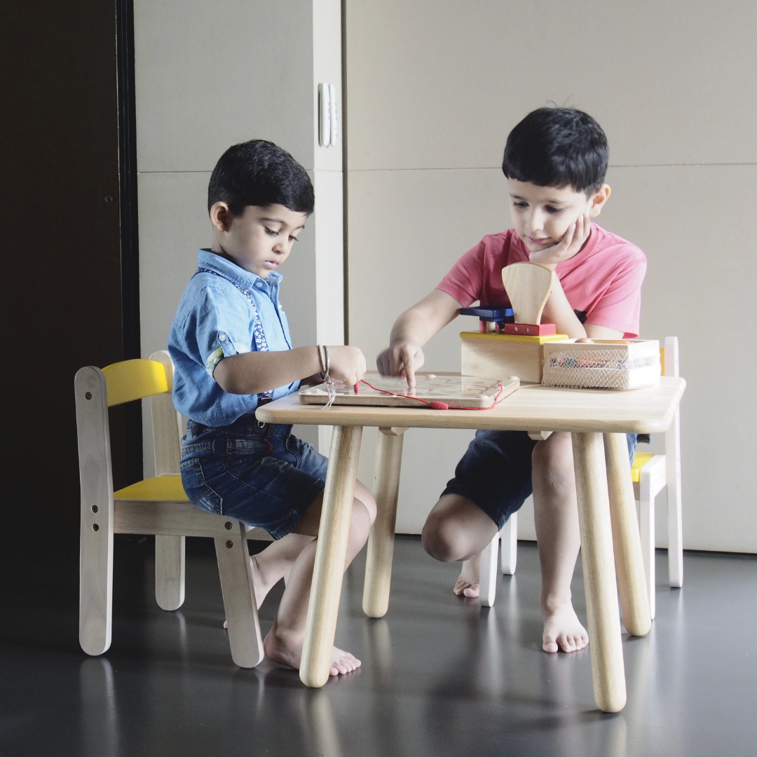 wooden play table with height adjustable chairs for kids and toddlers
