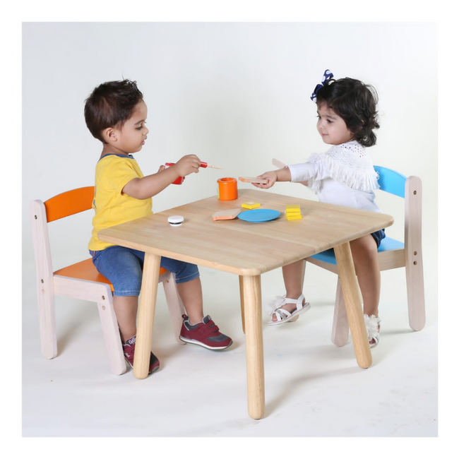 Wooden table and colourful chair set for toddlers. dining table for kids
