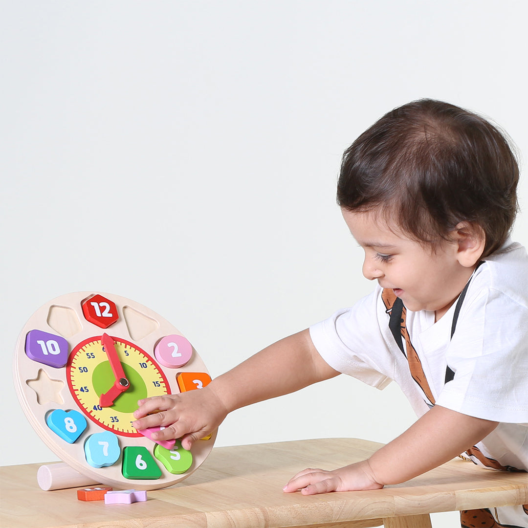 wooden shapes sorting clock toy for preschool